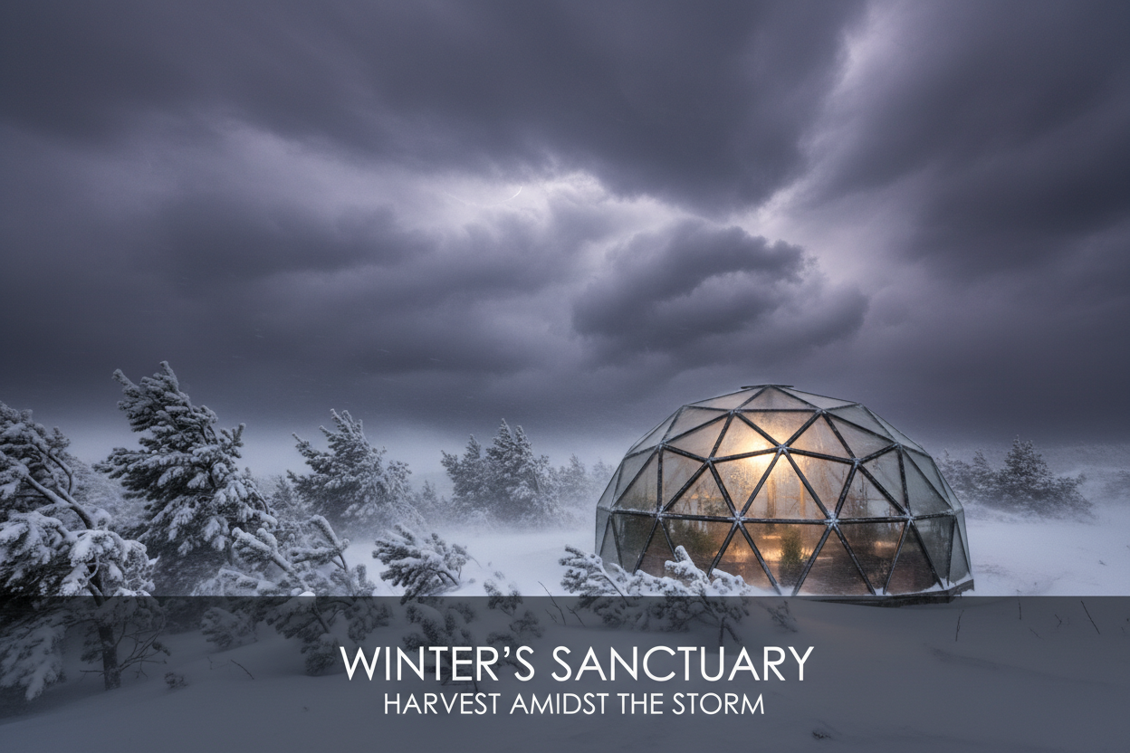Domed greenhouse with winter storm
